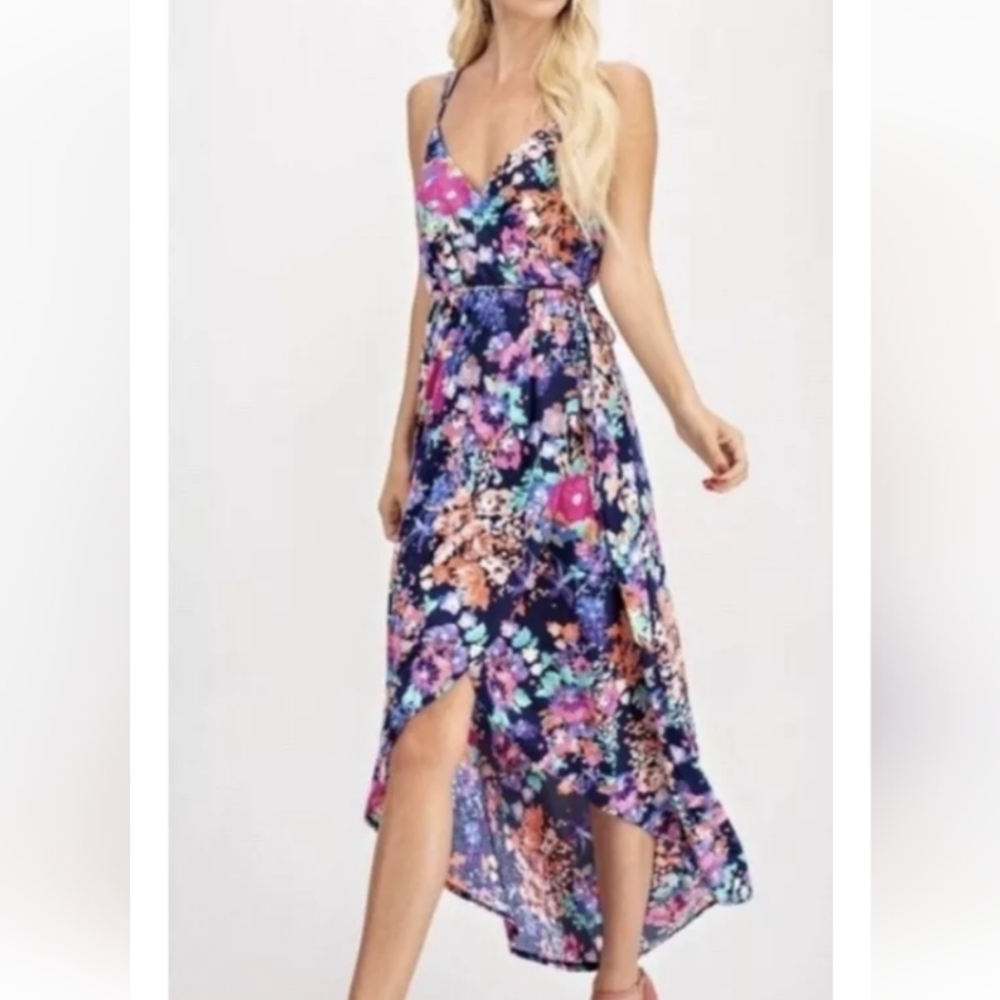 1.4.3. Story by Line up Floral Multicolor Wrap Front Midi Vacation Beach Dress S
